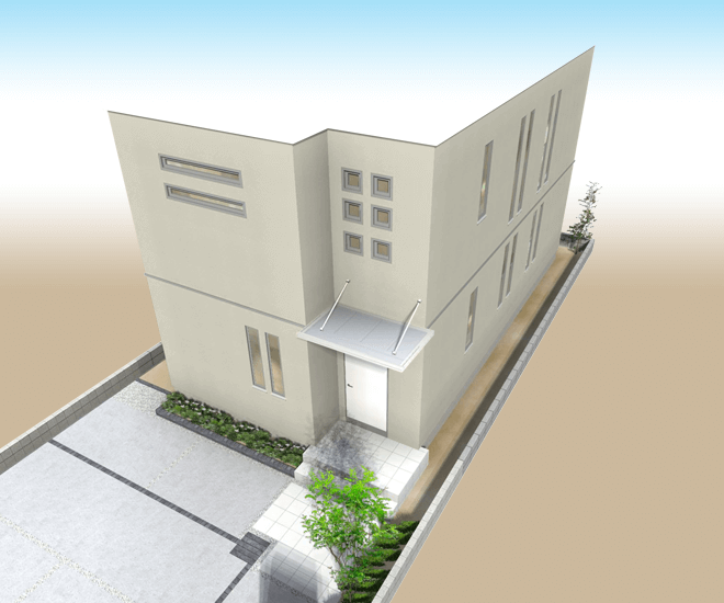 ビル型住宅のシンプルなアイボリーグレー色の外壁塗装